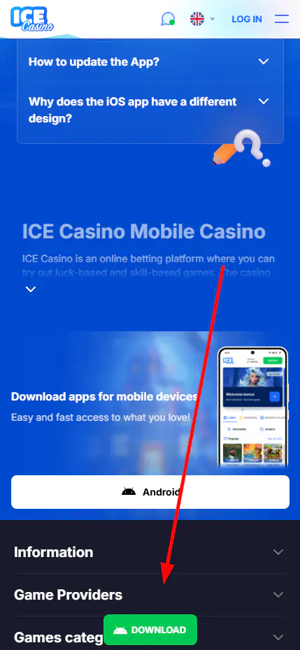 Installation of the mobile application in the ICE casino
