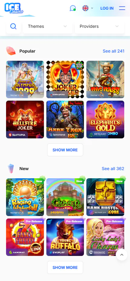 Mobile version of the ICE casino website